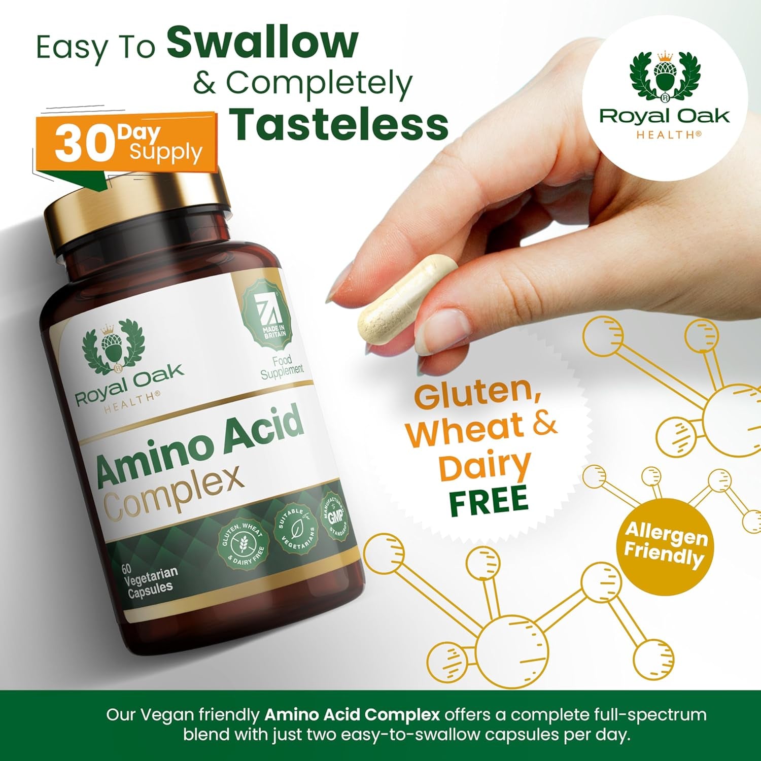 Royal Oak Health Full Spectrum Amino Acid Complex | Complete with All 20 EAA & Bcaas in Free Form for Instant Digestion | Essential & Branch Chain Amino Acids Supplement | 60 Vegan Capsules | UK Made