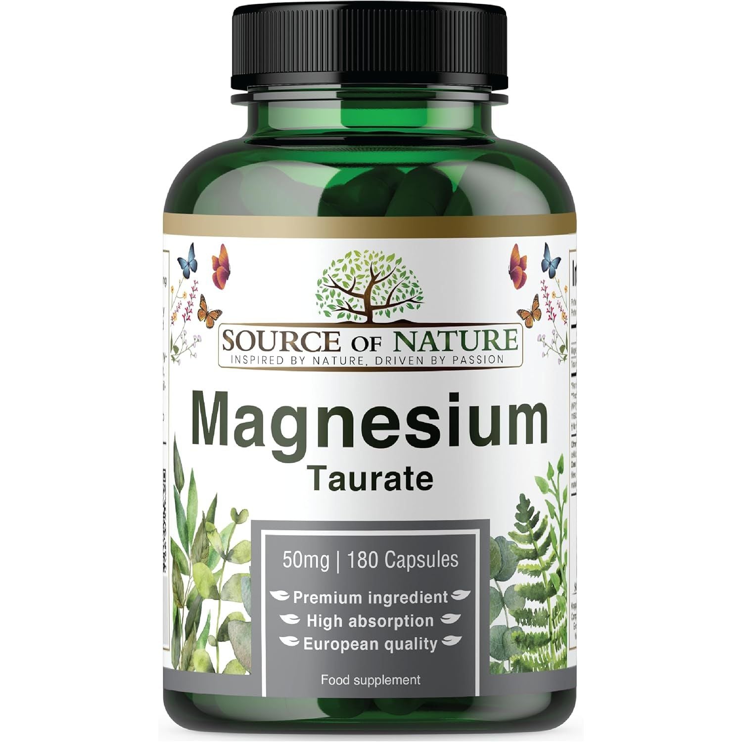Source of Nature® | Magnesium Taurate 625Mg | 180 Capsules | 45-Day Supply | 50Mg Elemental | High Absorption | Gentle on Stomach | Lab-Tested Purity