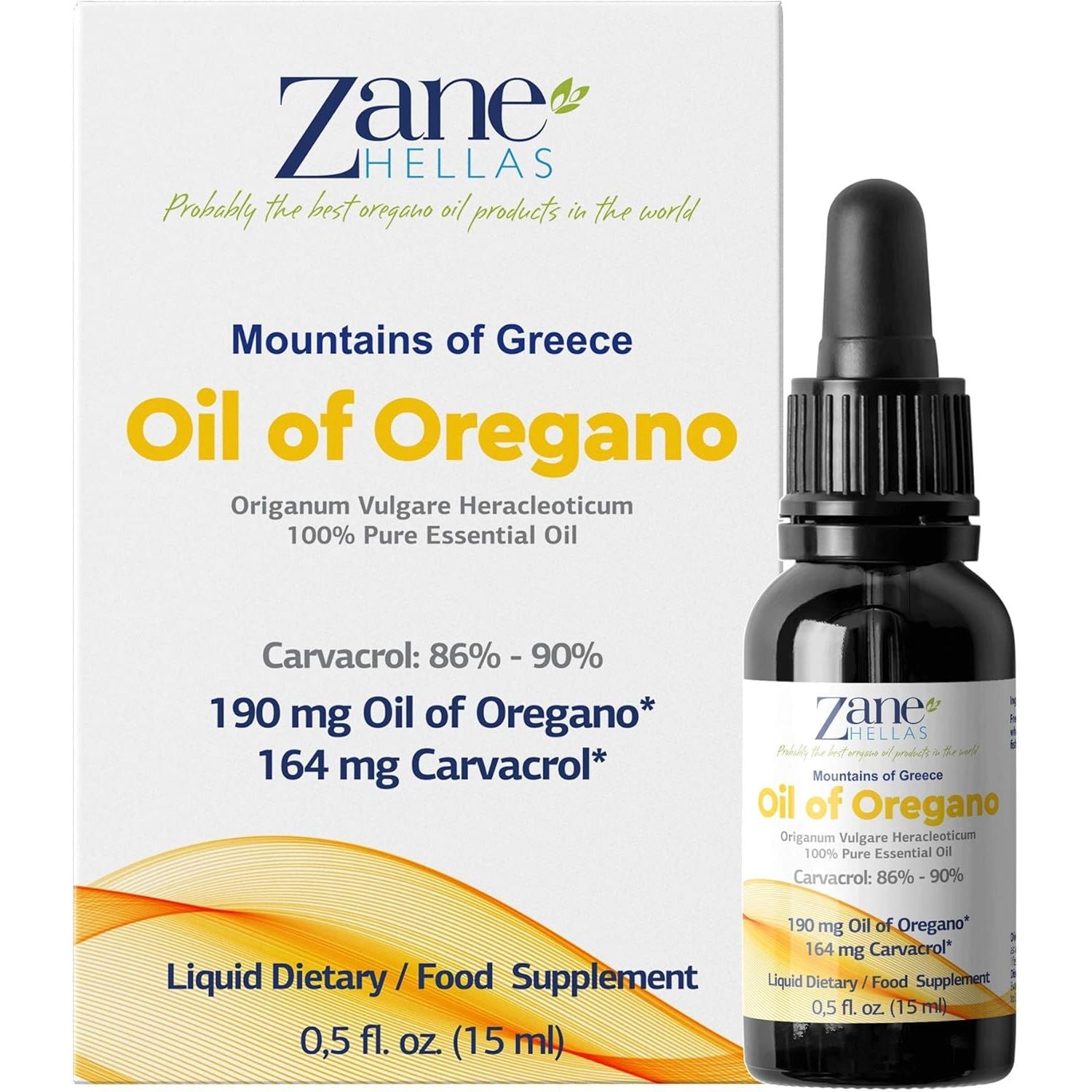 Zane Hellas 190 Mg Oregano Oil-164 Mg Carvacrol per Serving-4 Drops Daily. 100% Greek Undiluted Oil of Oregano. 86%-90% Min Carvacrol. Probably the Best Oregano Oil in the World. 0.5 Fl. Oz.- 15Ml.