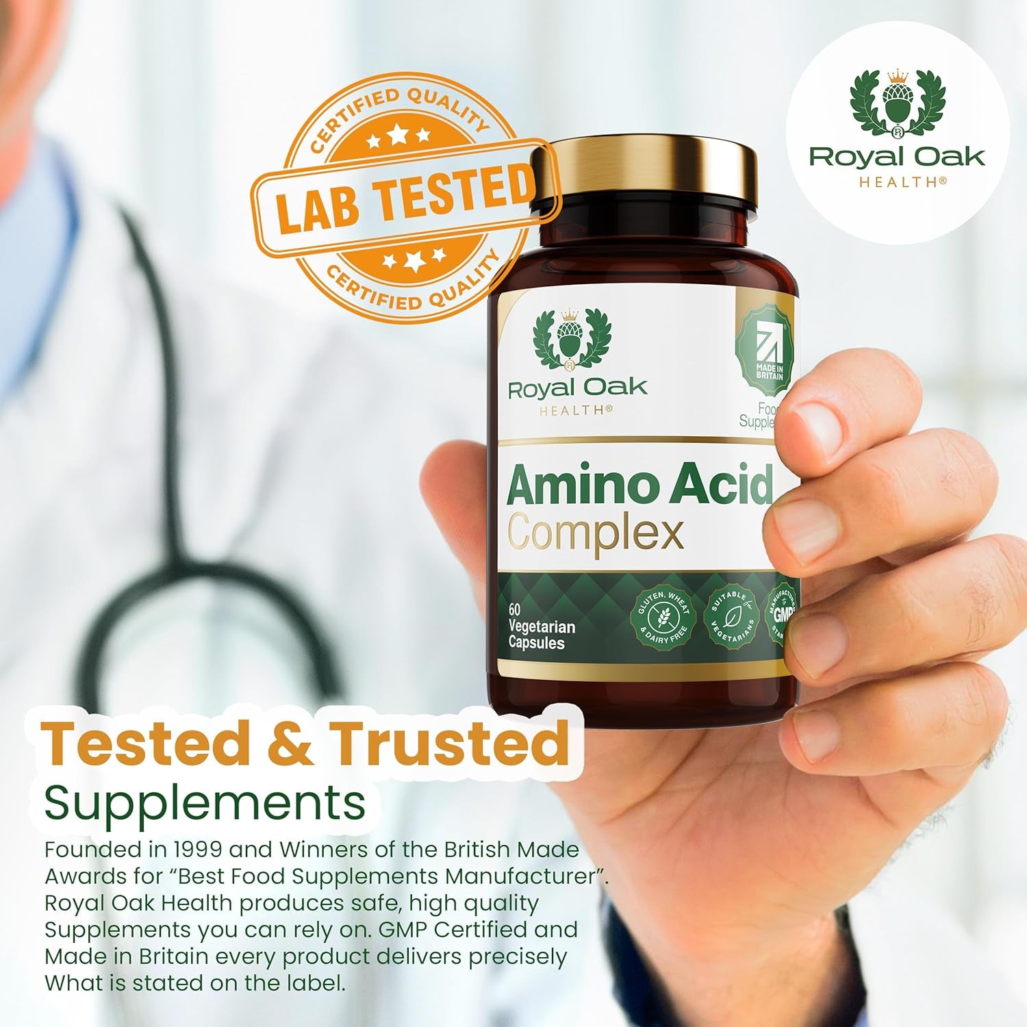 Royal Oak Health Full Spectrum Amino Acid Complex | Complete with All 20 EAA & Bcaas in Free Form for Instant Digestion | Essential & Branch Chain Amino Acids Supplement | 60 Vegan Capsules | UK Made