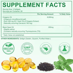 Oil of Oregano Softgels, 2 in 1 6000Mg Oil of Oregano with Black Seed 200Mg, Non-Gmo, Gluten Free, 120 Softgels, Herbal Supplement - Non-Gmo, Supports Immune & Digestive Health