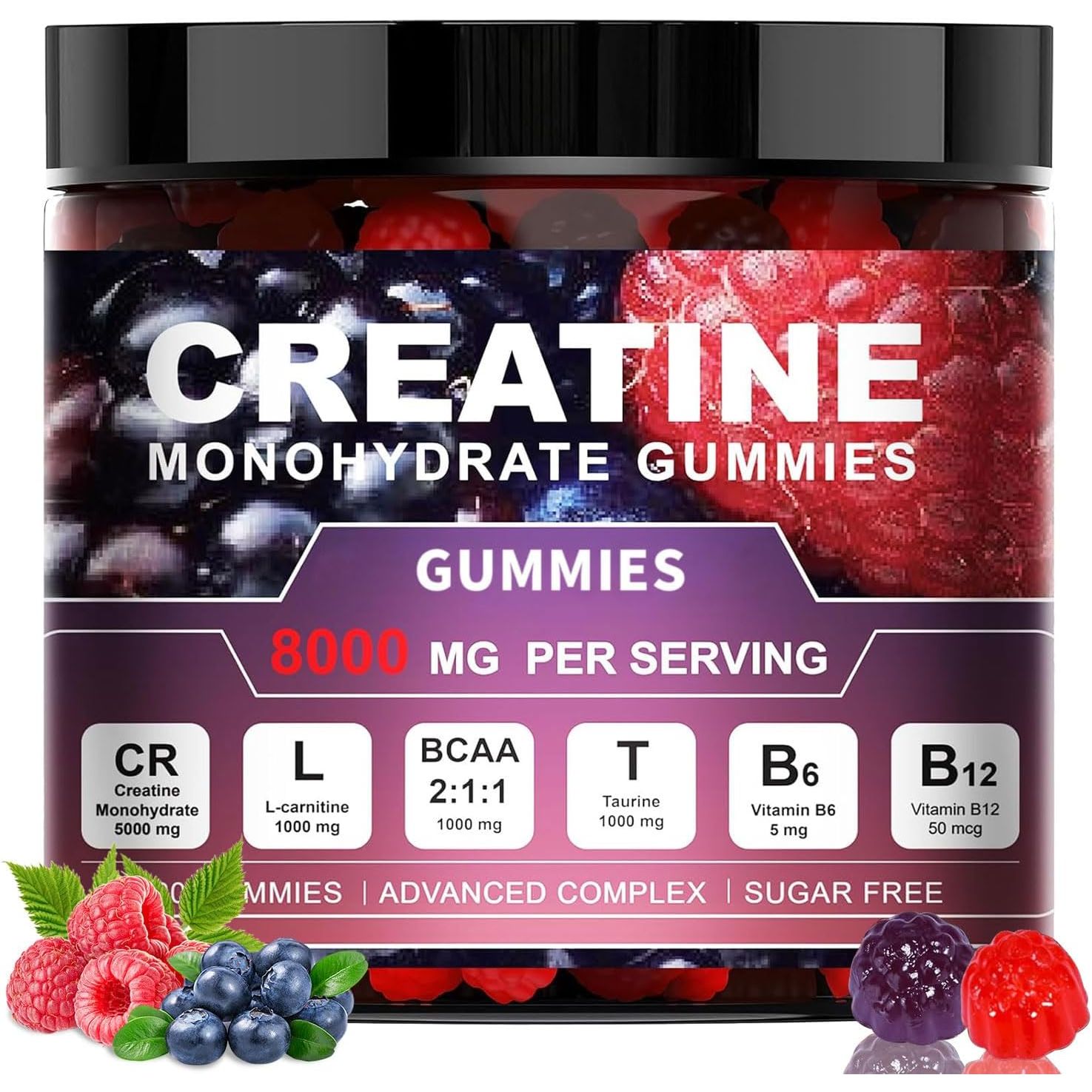 Creatine Monohydrate Gummies, 8000Mg Complex, 120 Count, Sugar-Free with BCAA, L-Carnitine, Taurine and Vitamins, for Muscle Strength and Recovery
