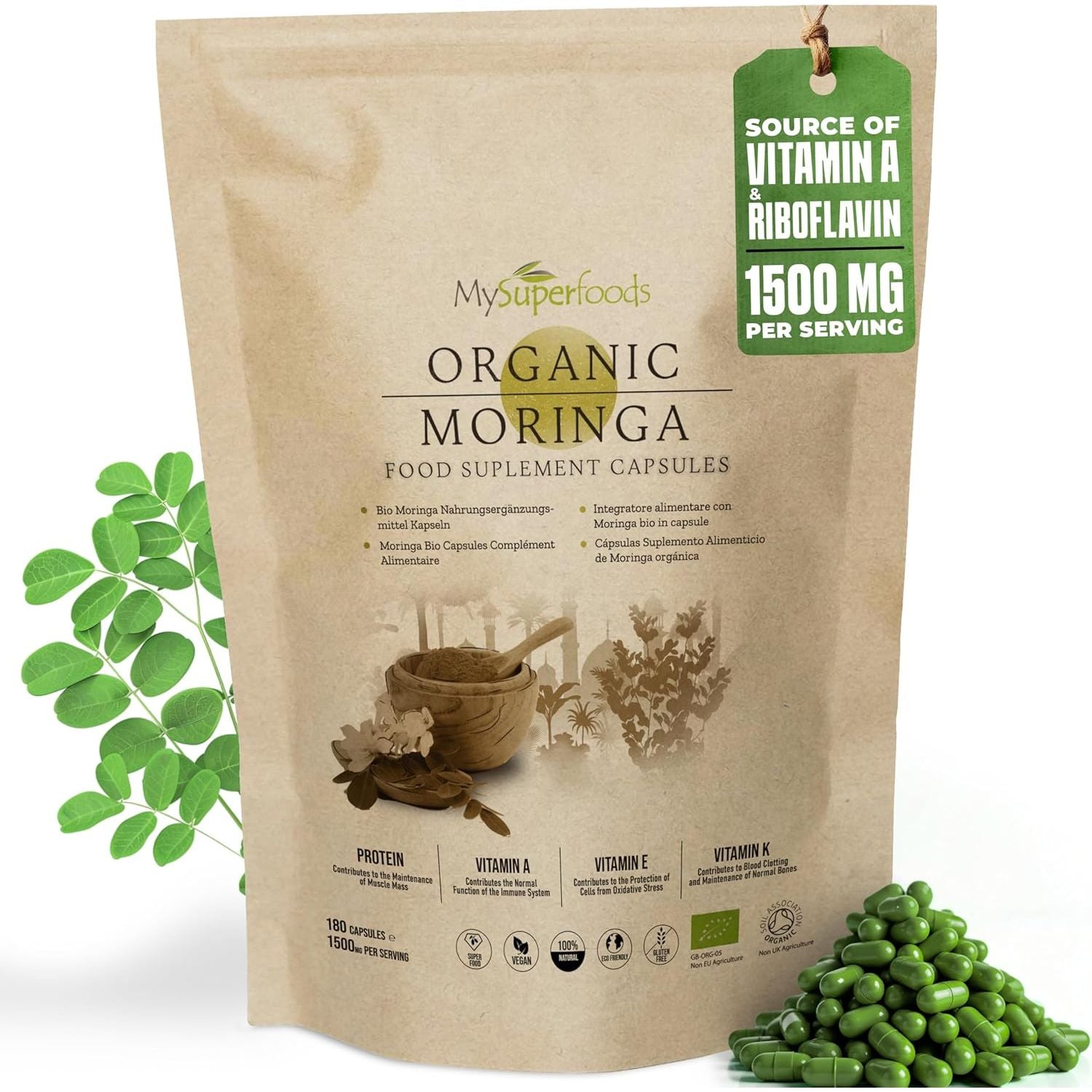 Moringa Capsules | Organic | 1500Mg per Serving | 180 Capsules | Rich Source of Vitamin a & Riboflavin | Mysuperfoods