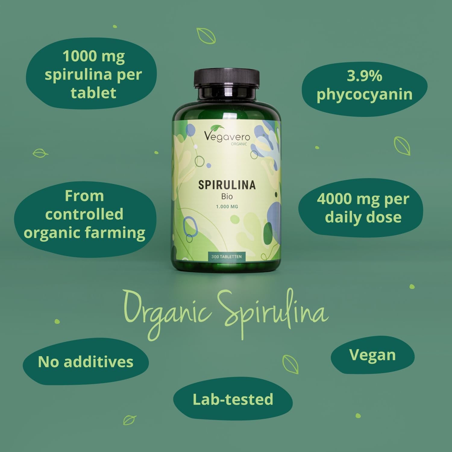 Vegavero Organic Spirulina 4000 Mg | 300 Tablets | NO Additives | Natural Source of Protein, Vitamins & Minerals | Vegan