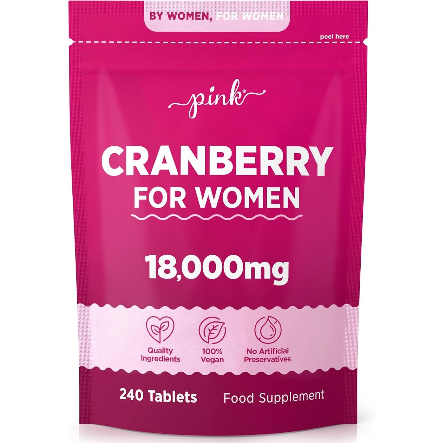 Cranberry Tablets for Urinary Infections 18,000Mg | High Strength Cranberry Extract | 240 Vegan Tablets | Supplement for Women & Men | by Pink