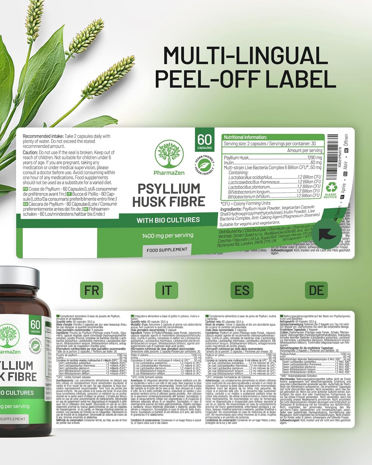 Psyllium Husks Capsules with Probiotics - High Fibre Supplement 1400Mg - Soluble Fiber Tablets High Strength - 60 Capsules - Pure Psyllium Husk & 6B Acidophilus Probiotic Complex for Digestive Support