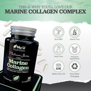 Marine Collagen with Hyaluronic Acid, Vitamin C - 90 Hydrolyzed Capsules (Not Tablets) - Premium High Strength Collagen Supplements for Women & Men - Type 1 Marine Collagen - Nu U Nutrition