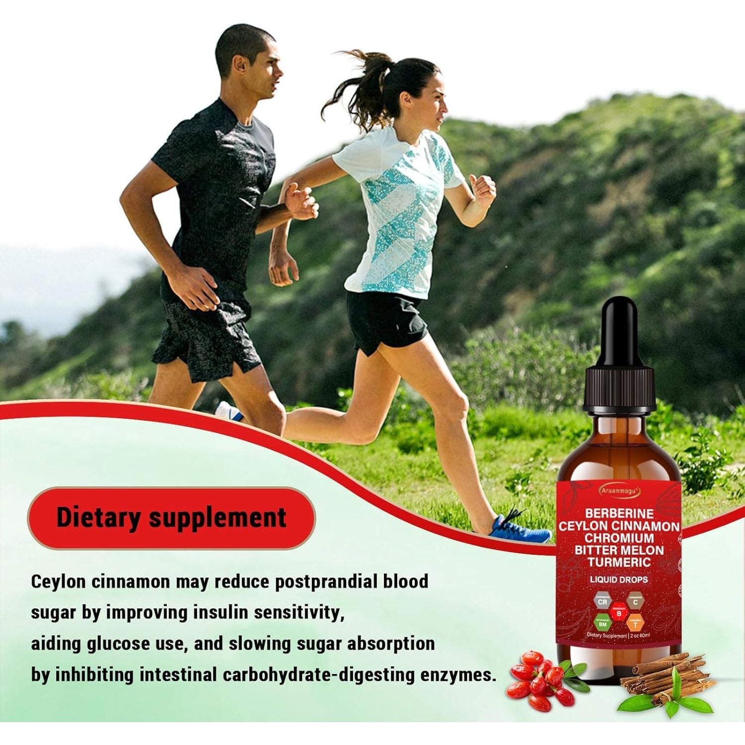 60ML Berberine with Ceylon Cinnamon Supplement Liquid Drops + Bitter Melon Extract, Glucomannan, Gymnema, Chromium, Turmeric, Panax Ginseng, Moringa GLP-1 Support