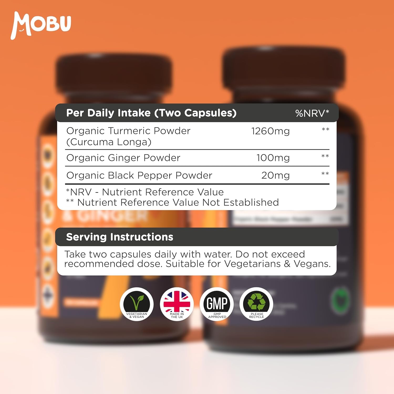 Organic Turmeric, Ginger & Black Pepper Capsules | High Strength 1380Mg | Curcumin for Joints, Immune & Inflammation Support | Vegan, Made in UK MOBU
