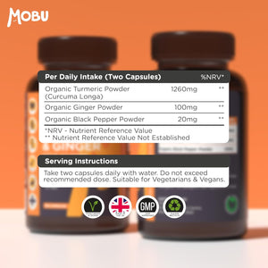 Organic Turmeric, Ginger & Black Pepper Capsules | High Strength 1380Mg | Curcumin for Joints, Immune & Inflammation Support | Vegan, Made in UK MOBU