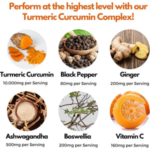 Nutripact Turmeric Extract Complex 10,000Mg with Curcumin, Black Pepper, Ginger, Ashwagandha, Boswellia & Vitamin C High Strength Tumeric Supplement (Not Tablets) 95% Curcuminoids - 60 Vegan Capsules