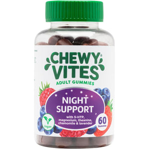 Chewy Vites Adult Night Support, 60 Non-Melatonin Gummies with 5-HTP, Magnesium, Theanine, Chamomile, Lavender, Herbal Night Time Gummies, 1 Months Supply, Berries Flavour