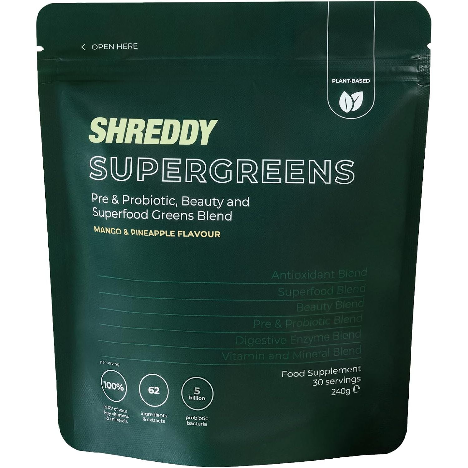 SHREDDY | Probiotic, Beauty, Superfood Greens Blend | 5 Billion Probiotics, 100% NRV Vitamins | 62 Nutrient-Rich Ingredients | Vegan-Friendly | Mango & Pineapple Flavour