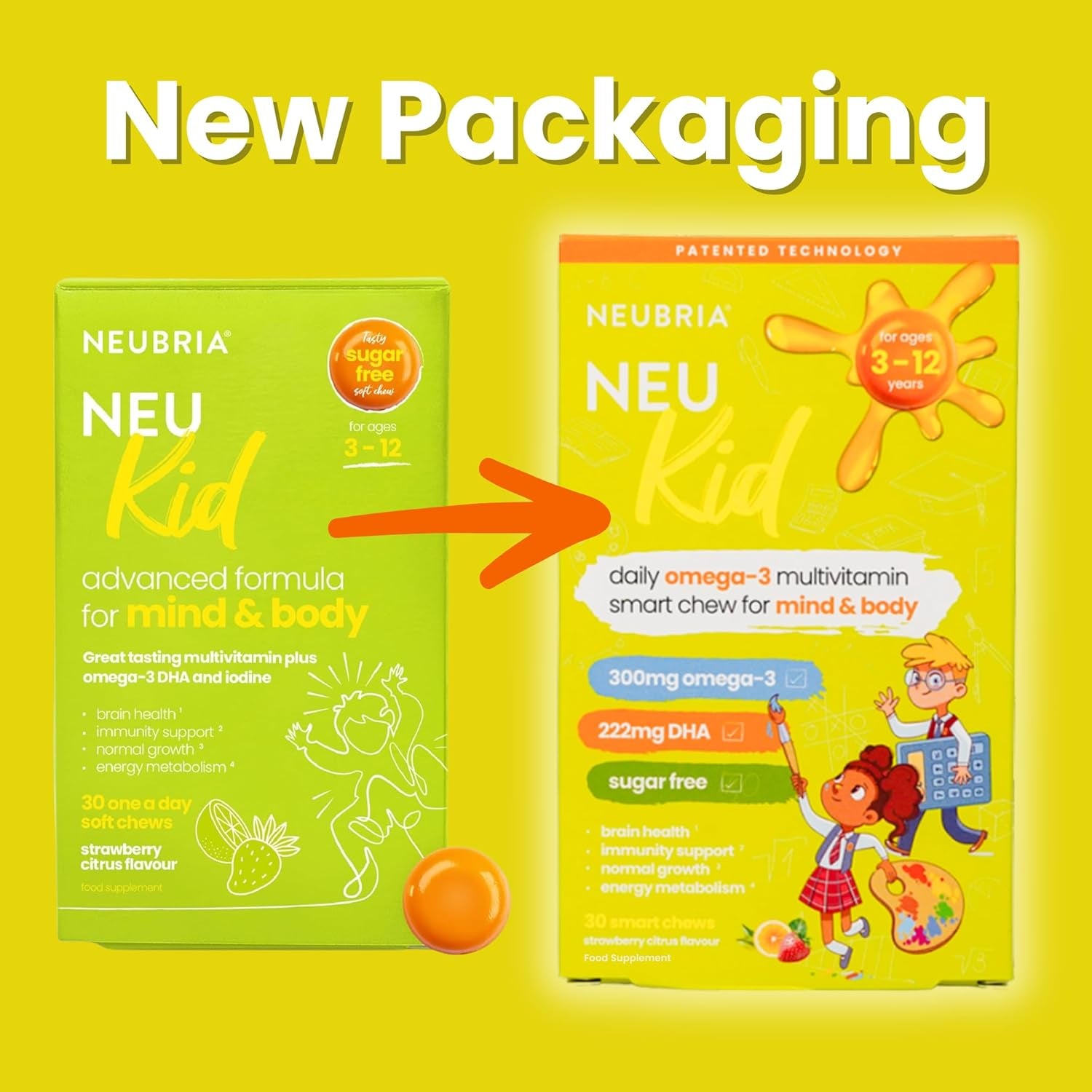 NEUBRIA NEU Kid Multivitamin & Omega-3 - Children Vitamins A, C, D, E, B Complex & Fish Oil for Kids - Sugar-Free Natural Soft Chews for Daily Wellness - UK Made, 30 Chewables