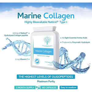 Marine Collagen 600Mg 60 Capsules - Highly Bioavailable Naticol® Type 1 Produced by Enzymatic Hydrolysis Ensuring the Highest Levels of Oligopeptides with Maximum Purity