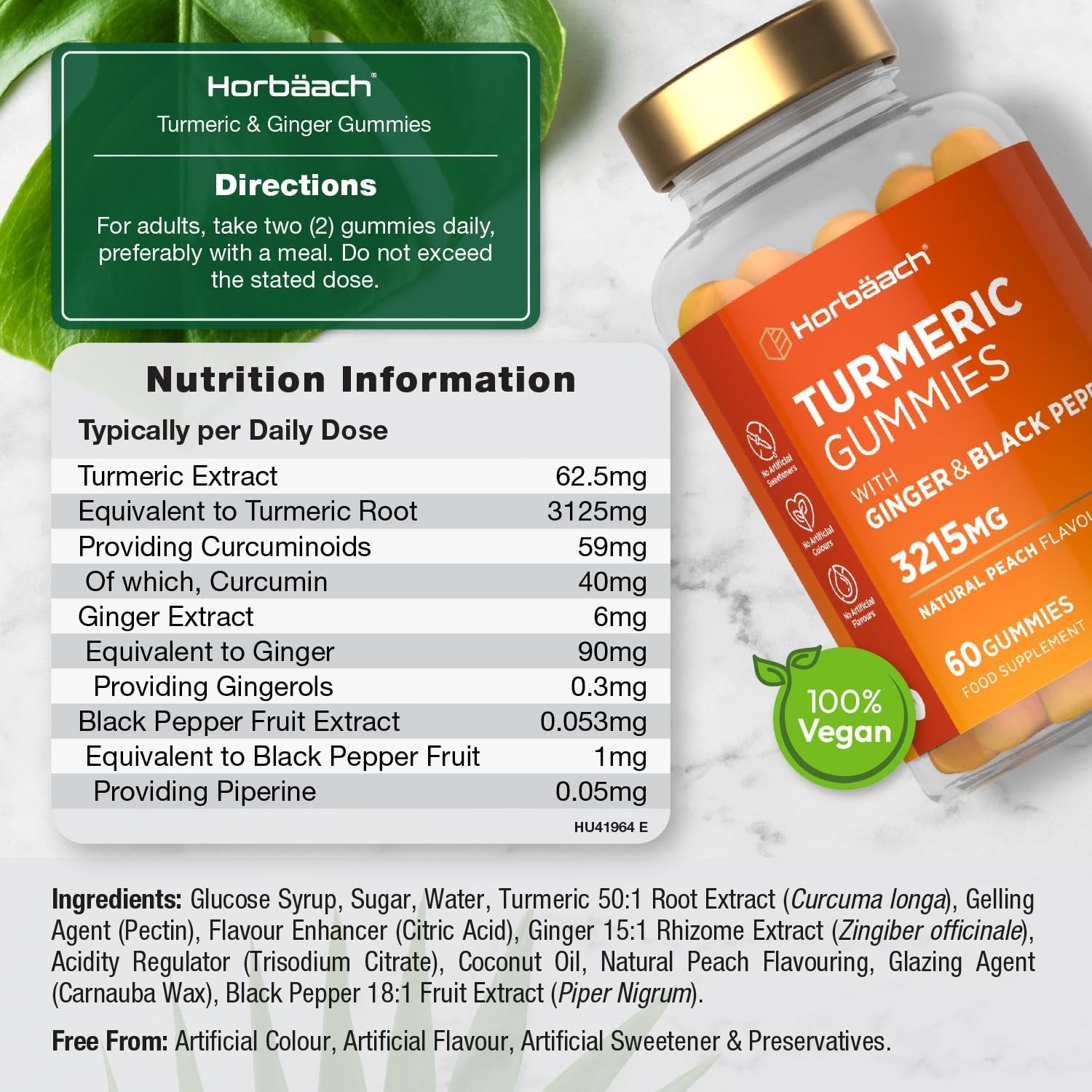 Turmeric Gummies with Black Pepper & Ginger 3215Mg | High Strength Turmeric Curcumin Supplement | 60 Vegan Gummies | Natural Peach Flavour - Tablet Alternative | by Horbaach