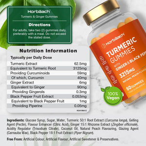 Turmeric Gummies with Black Pepper & Ginger 3215Mg | High Strength Turmeric Curcumin Supplement | 60 Vegan Gummies | Natural Peach Flavour - Tablet Alternative | by Horbaach