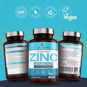Vegan Zinc Tablets High Strength 40Mg - 365 Premium Zinc Gluconate Tablets - Zinc Supplements, 12 Month'S Supply - Zinc and Copper Supplement - Zinc 40Mg - Made in the UK by Yrhealth