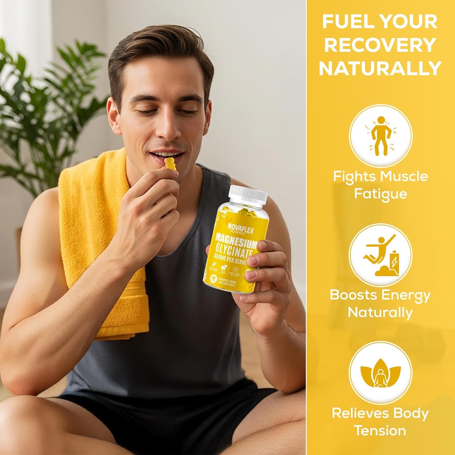 Novaflex Nutrition - Magnesium Glycinate Gummies 600Mg – High Absorption Magnesium with Calcium, Vitamin D & B6 – Pineapple Flavour, 60 Vegan Gummies – Supports Energy & Muscle Function