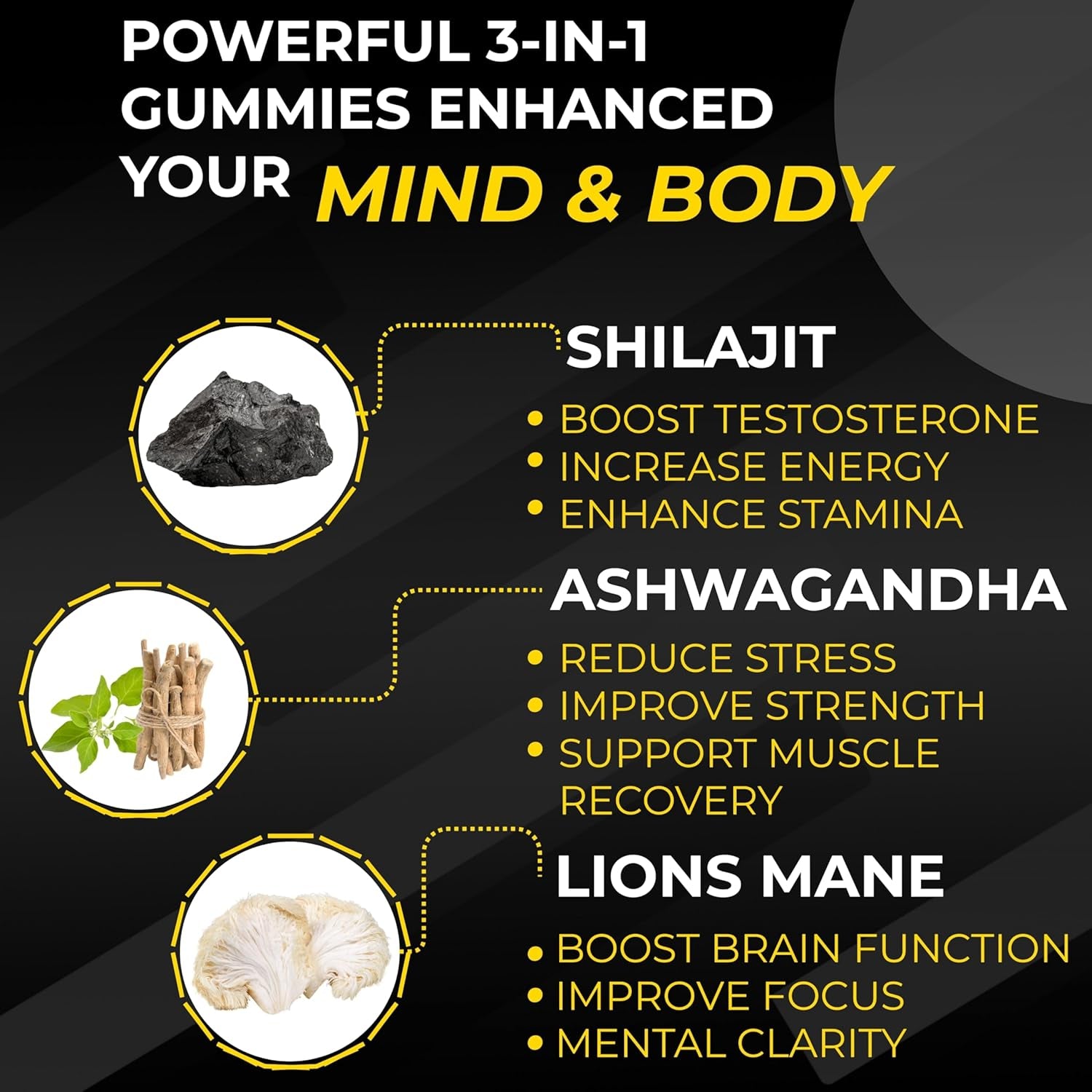 Pure Organic Himalayan Shilajit Gummies with Lion'S Mane Mushroom and Ashwagandha 3-In-1 Max High Strength by Mountspirit™,Fulvic & Humic Acid and 85+ Minerals, for Energy, Immunity & Focus