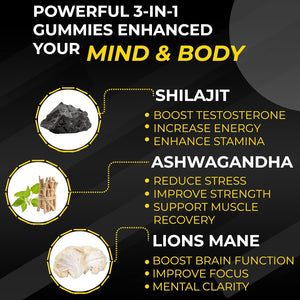 Pure Organic Himalayan Shilajit Gummies with Lion'S Mane Mushroom and Ashwagandha 3-In-1 Max High Strength by Mountspirit™,Fulvic & Humic Acid and 85+ Minerals, for Energy, Immunity & Focus