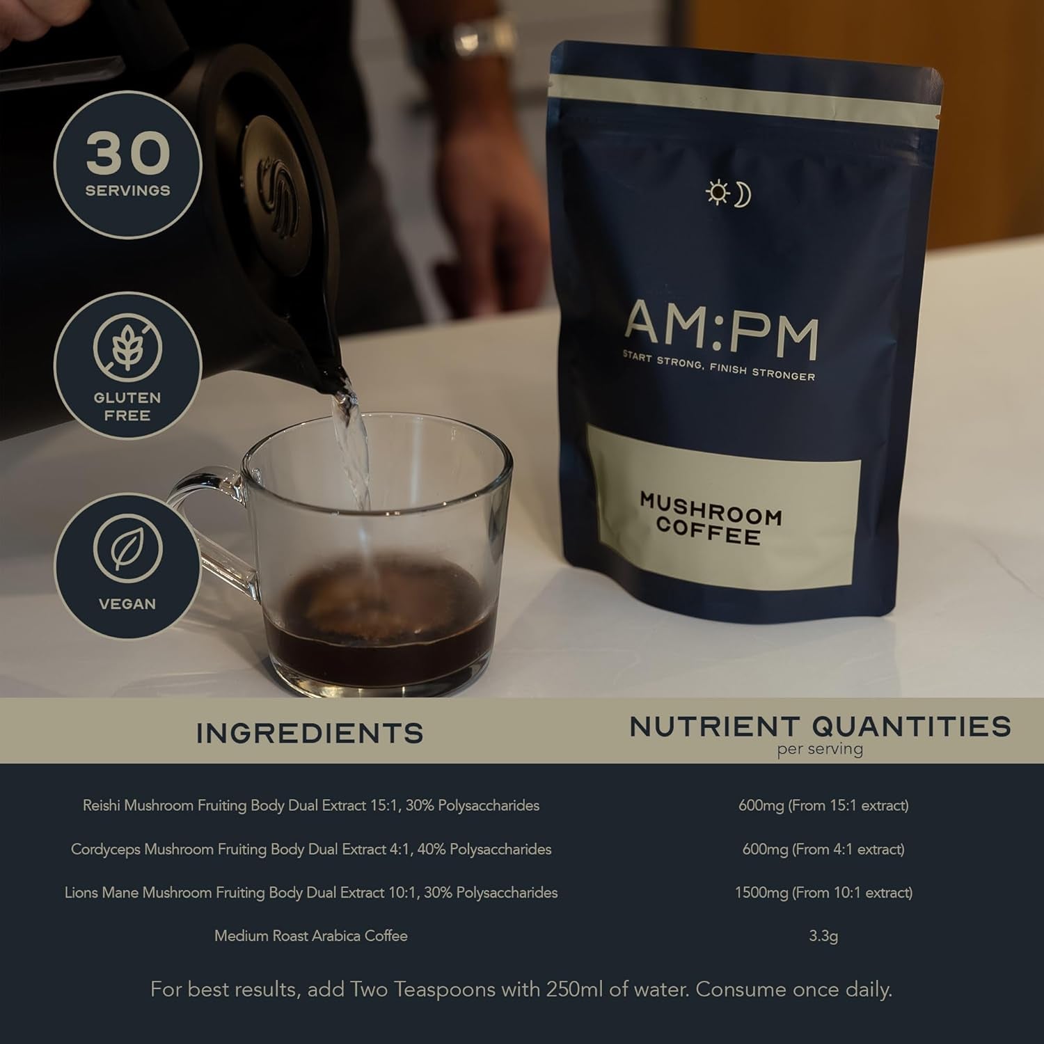 AM:PM Nutrition Mushroom Coffee with Lion'S Mane, Reishi & Cordyceps - Healthy Energy & Focus Boost - a Blend of Arabica & Robusta Coffee with Functional Mushrooms - 30 Servings