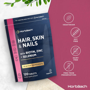 Hair Skin and Nails Vitamins | Biotin Hair Growth | with Biotin, Zinc and Selenium | Beauty Supplement for Women and Men | 120 Vegetarian Tablets | by Horbaach