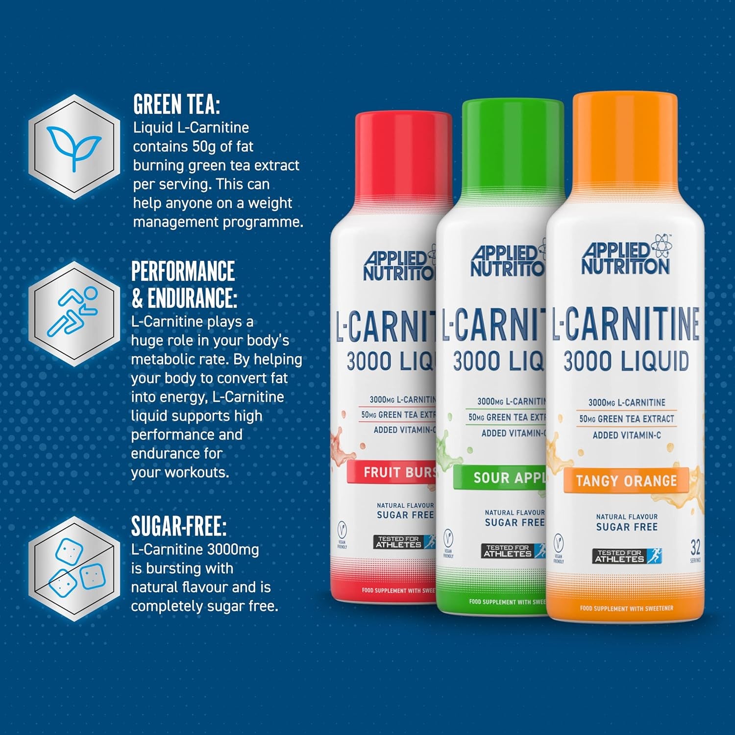 Applied Nutrition L Carnitine 3000 Liquid - L-Carnitine with Green Tea & Vitamin C, Boosts Energy & Weight Management, Vegan (480Ml - 32 Servings) (Sour Apple)