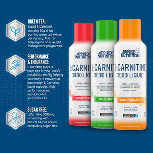 Applied Nutrition L Carnitine 3000 Liquid - L-Carnitine with Green Tea & Vitamin C, Boosts Energy & Weight Management, Vegan (480Ml - 32 Servings) (Sour Apple)