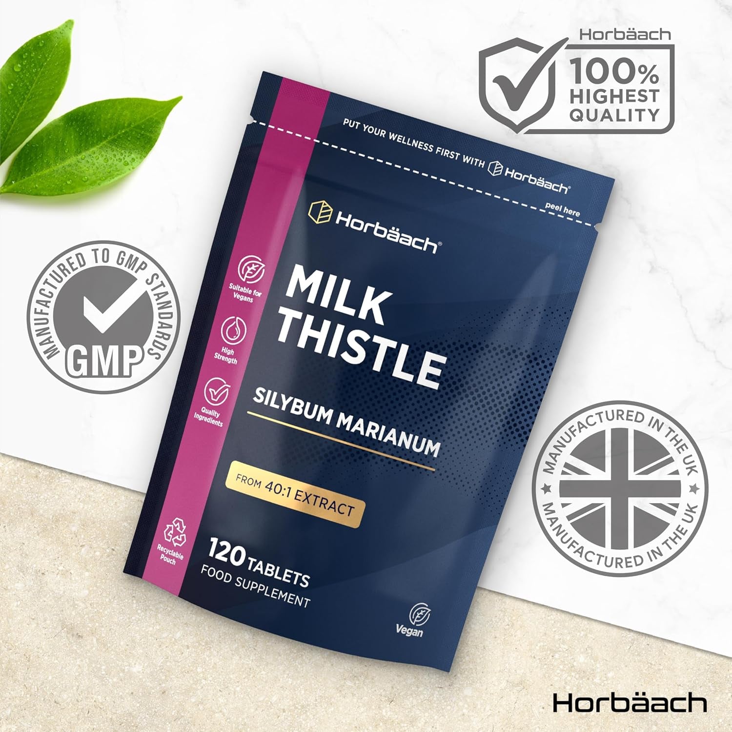 Milk Thistle Tablets | High Strength 120 Vegan Tablets | Silybum Marianum Extract | Recyclable & Resealable Pouch | by Horbaach