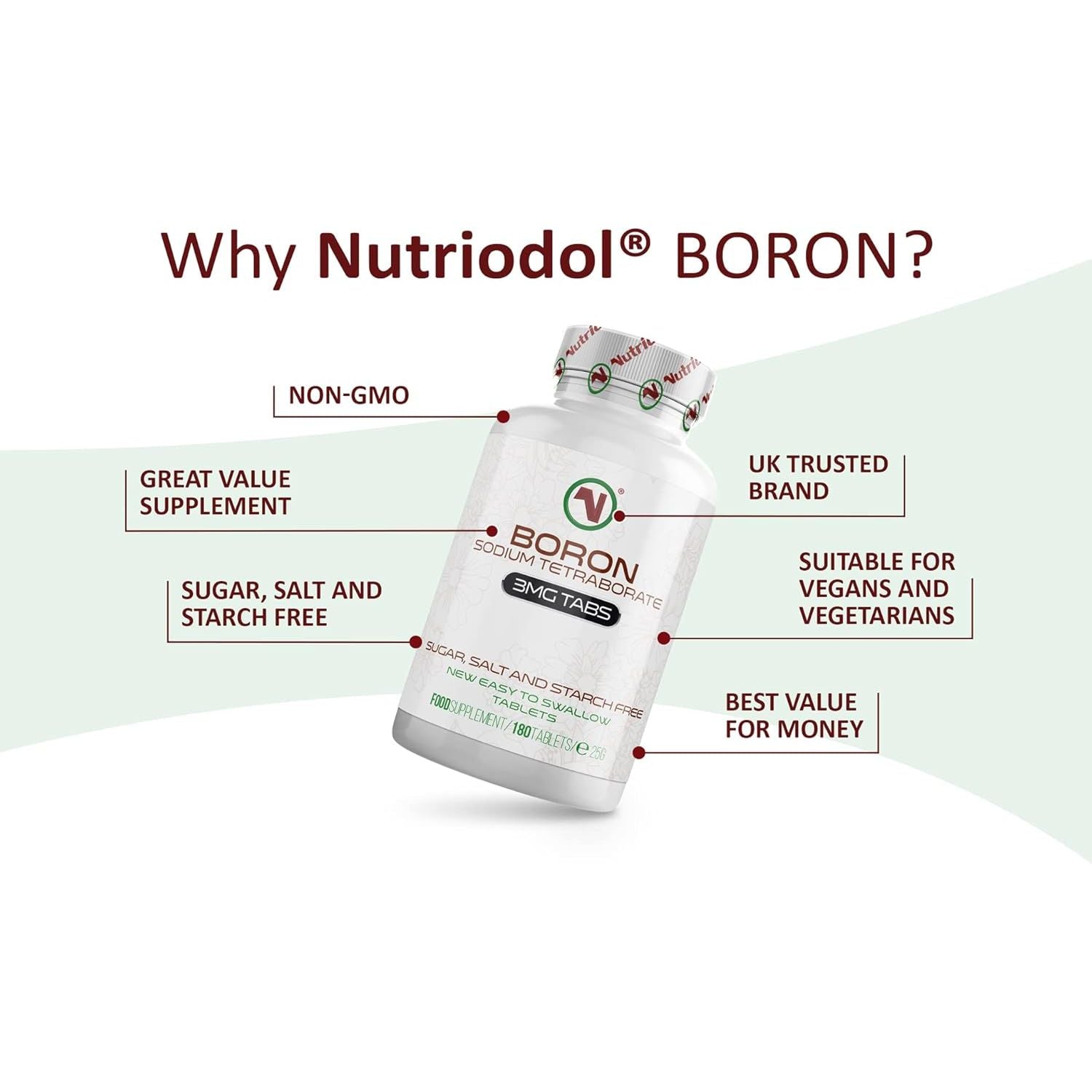 Nutriodol Boron Tablets | 3Mg per Tablet | Sodium Tetraborate | 180 Days Supply | Suitable for Vegans | Easy to Swallow Tablets