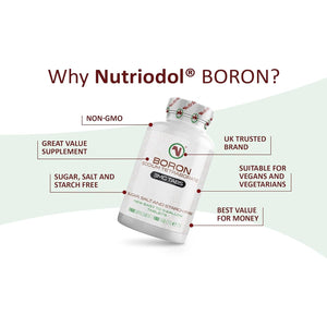 Nutriodol Boron Tablets | 3Mg per Tablet | Sodium Tetraborate | 180 Days Supply | Suitable for Vegans | Easy to Swallow Tablets