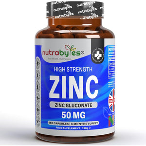 Nutrabytes High Strength Zinc Gluconate Supplement, 180 Vegan Capsules | 50Mg Pure Elemental Chelated Mineral for Immune System, Skin, Hair, Nails, Hormone & Fertility Support | 6 Month Supply