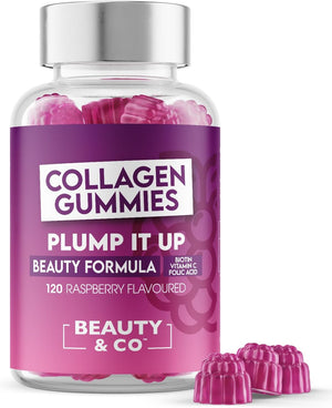 Collagen Gummies - Plump It up Raspberry-120 High Strenght Marine Collagen Gummies 500Mg per Serving with Biotin, Vitamin C & Folic Acid from Beauty & Co. (120)