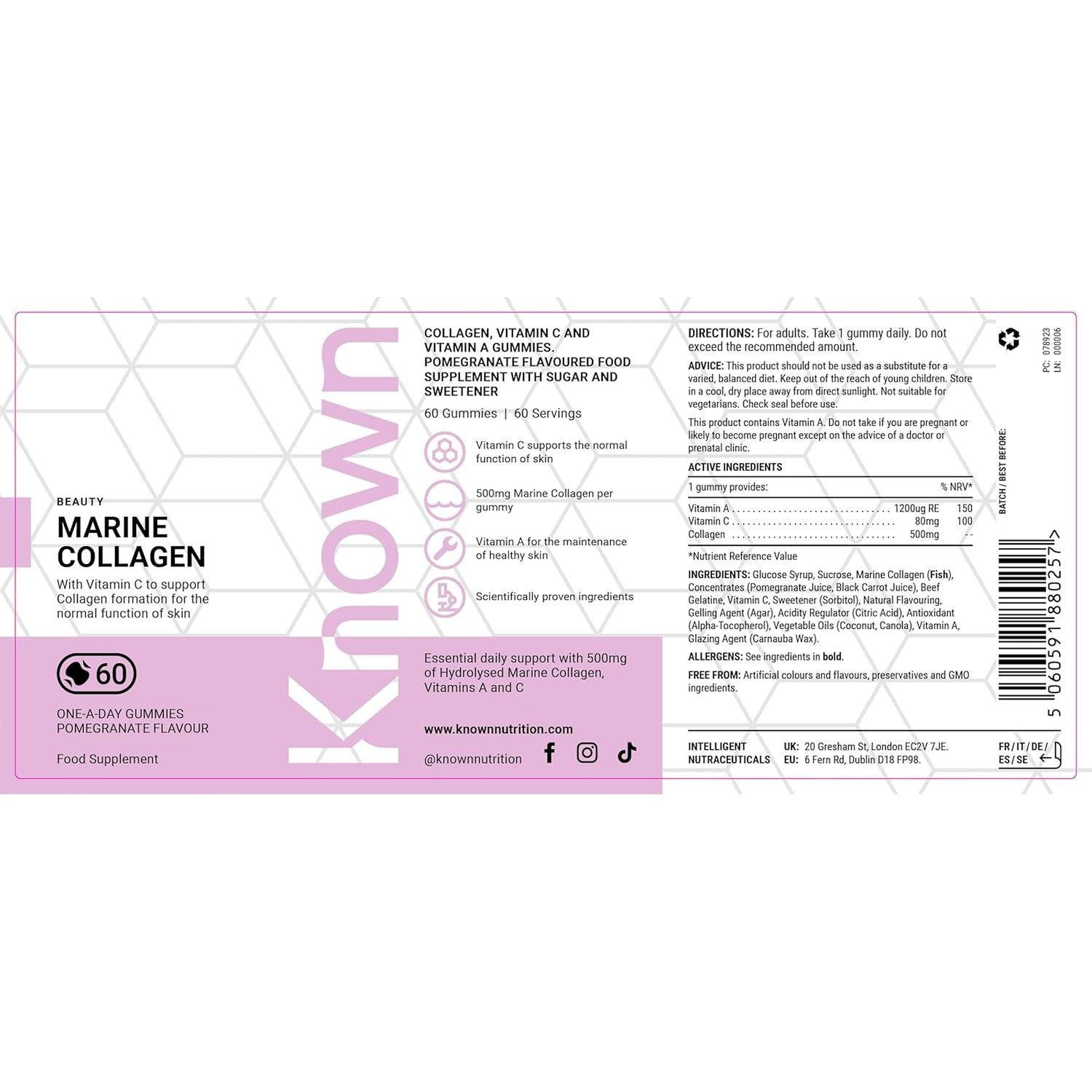 Known Delicious Marine Collagen Gummies - 500Mg Collagen, Vitamin A, C - Skin Support - Natural Pomegranate Flavour - 60 Gummies, 2 Months Supply