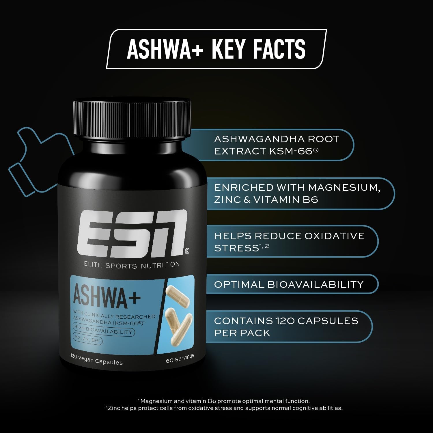 ESN Ashwa+, 120 Vegan Capsules - 600 Mg Ashwaganda Root Extract per Serving - 60 Servings, 2 Months Supply - Ashwagandha KSM-66 - Non-Gmo