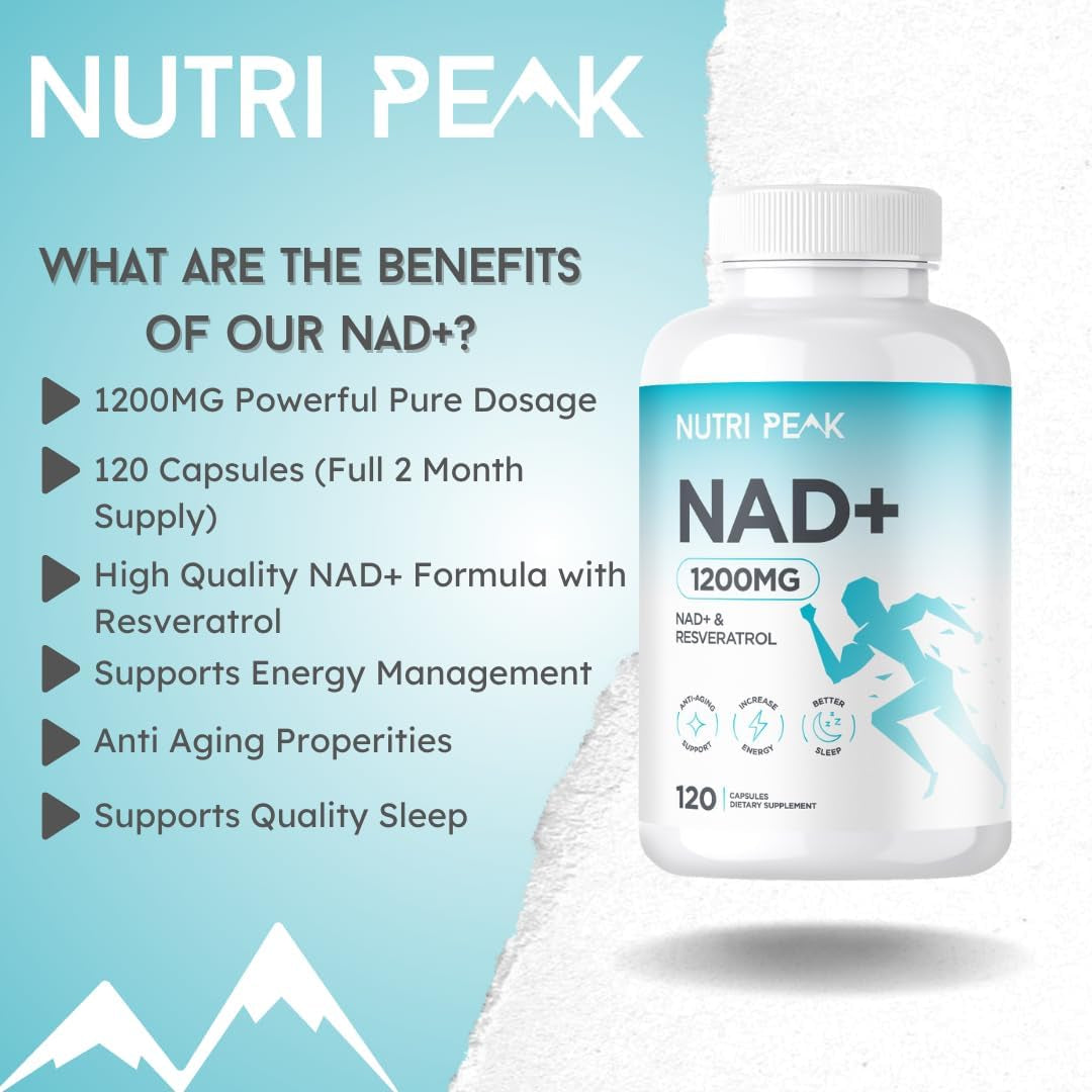 Max Strength NAD+ Supplement | 1200MG | 120 Capsules | Increase NAD Levels | Enhance anti Aging Effects | Increase Energy Levels | Improve Sleep Quality | Vegan & Gluten Free