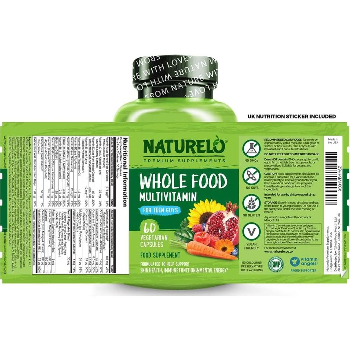 NATURELO Whole Food Multivitamin for Teenage Boys - Daily Vitamin & Mineral Supplement - with D3, Zinc, B12 & Plant Extracts - 60 Vegan Capsules | 1 Month Supply