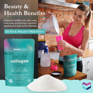 Renewvenate Collagen Supplements for Women – Daily Blend with Hydrolyzed Collagen Peptides for Radiant Skin, Stronger Hair, Nails, and Joint Health – Vegan and Bovine Collagen Options Available