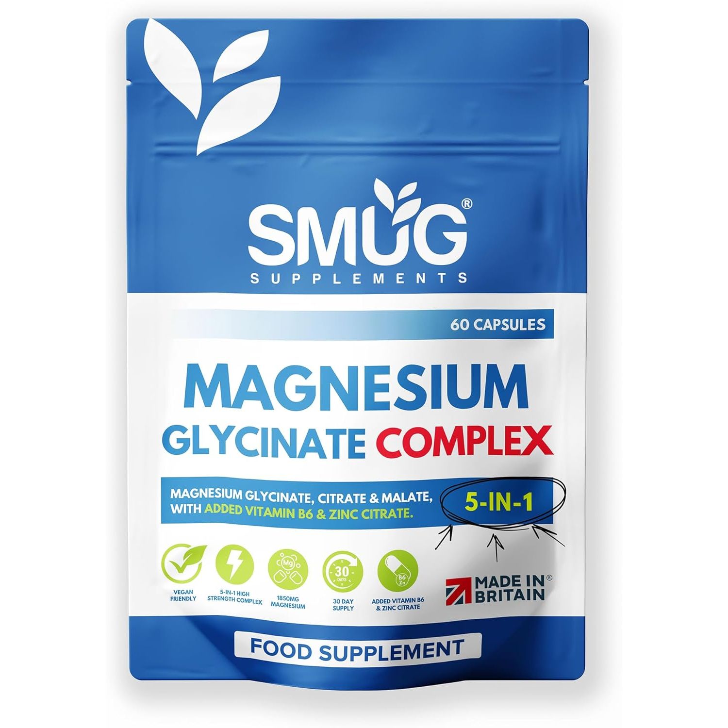 Magnesium Glycinate Complex British Made 5-In-1 by SMUG Supplements - 60 Capsules - Advanced Blend Combining Magnesium Glycinate, Citrate and Malate. with Added Vitamin B6 and Zinc.