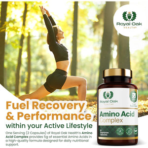 Royal Oak Health Full Spectrum Amino Acid Complex | Complete with All 20 EAA & Bcaas in Free Form for Instant Digestion | Essential & Branch Chain Amino Acids Supplement | 60 Vegan Capsules | UK Made