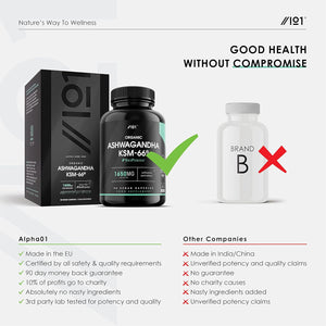 Organic Ashwagandha KSM-66® with Bioperine 1650Mg – 90 Vegan Capsules – 5% Withanolides – Most Bioavailable Full-Spectrum Root Extract – Resealable and Recyclable Pouch by Alpha01