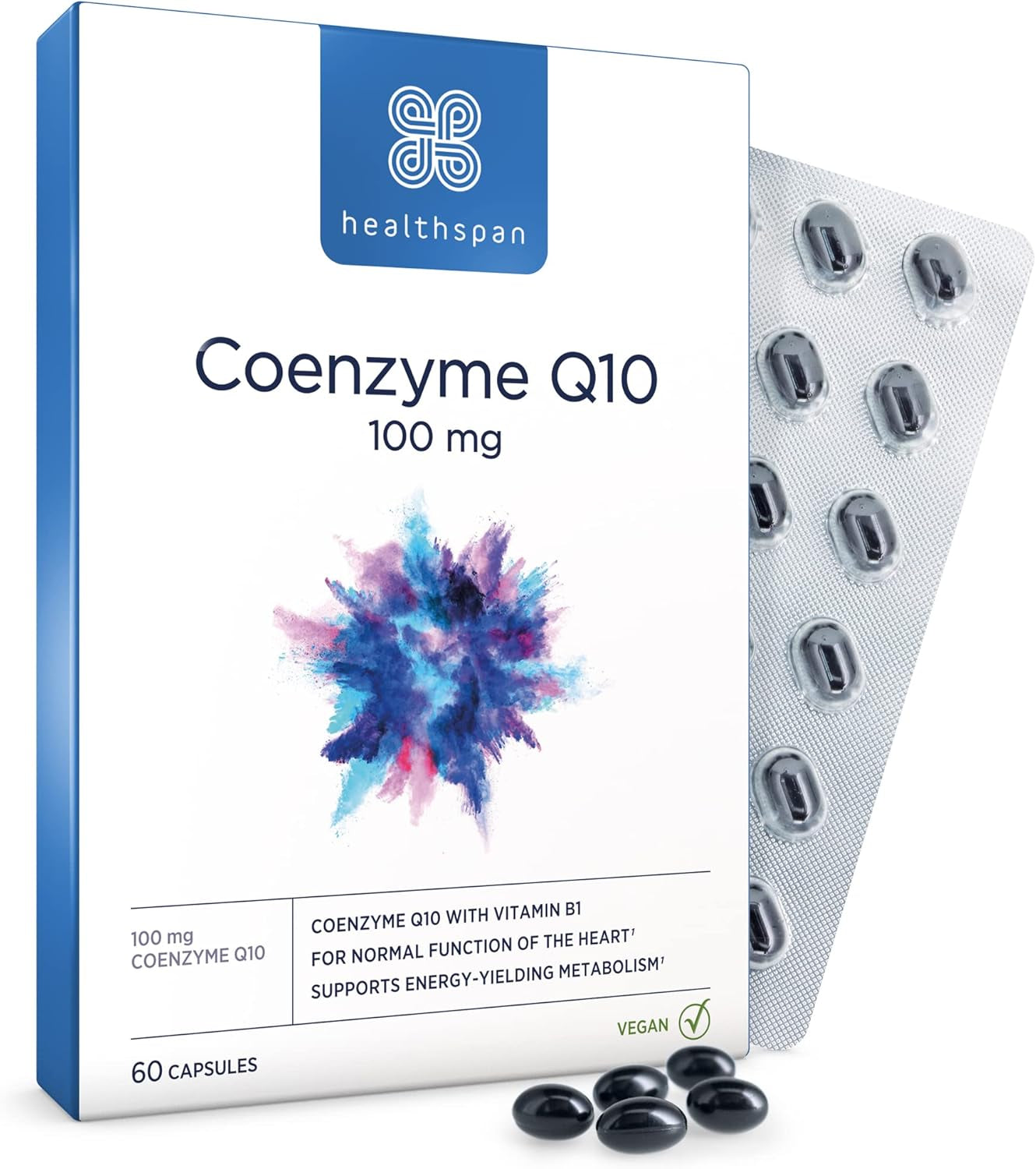 Healthspan Coenzyme Q10 100Mg | 60 Capsules | Supports Heart Health & Energy Metabolism | Added Vitamin B1 | All Natural Coq10 Fermented for Optimum Purity | Sunflower Oil Base | Vegan