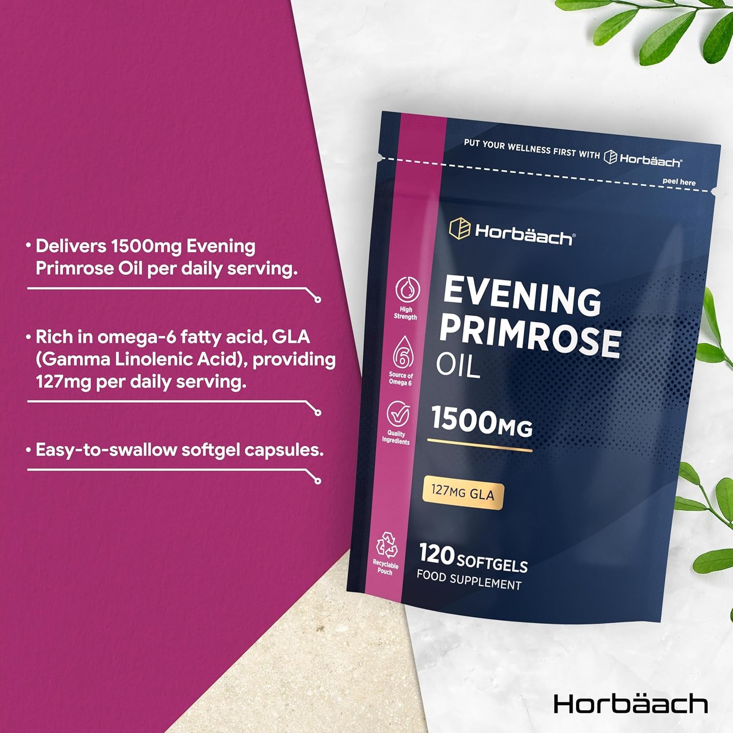 Evening Primrose Oil 1500Mg | High Strength with Omega 6 and GLA | Cold-Pressed | 120 Softgel Capsules | by Horbaach