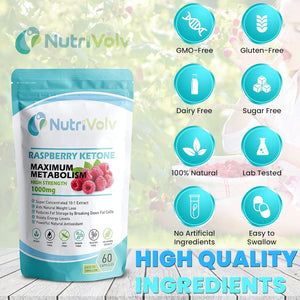 Nutrivolv Raspberry Ketones 1000Mg per Serving | Natural Weight Loss Supplement | Boosts Metabolism & Energy | Fat Burner & Appetite Suppressant | 60 Vegan Capsules