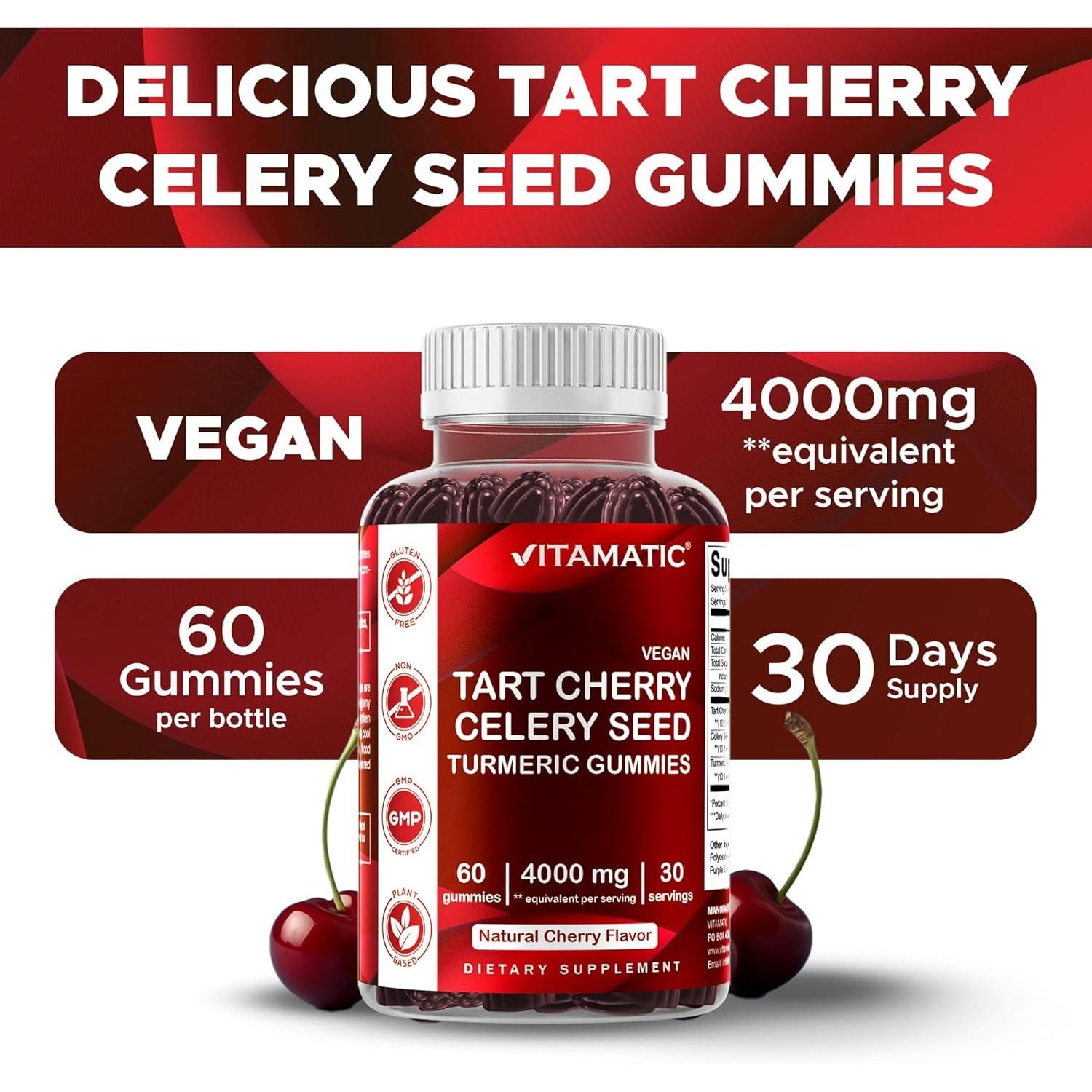 Vitamatic Tart Cherry with Celery Seed Gummies - 4000 Mg Serving - Powerful Uric Acid Cleanse for Joint Comfort, Healthy Sleep Cycles & Muscle Recovery