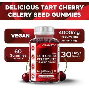 Vitamatic Tart Cherry with Celery Seed Gummies - 4000 Mg Serving - Powerful Uric Acid Cleanse for Joint Comfort, Healthy Sleep Cycles & Muscle Recovery