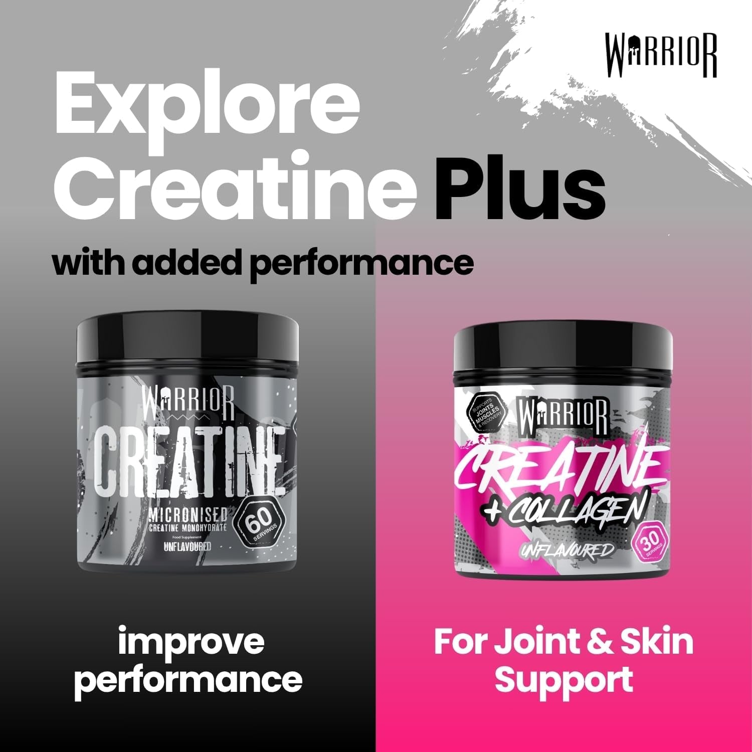 Warrior Creatine Monohydrate + Collagen Powder 270G - Pure Hydrolysed Peptides (Bovine) - Supports Muscle Recovery - Workout Supplement for Women and Men (Not Tablet) - 30 Servings (Unflavoured)