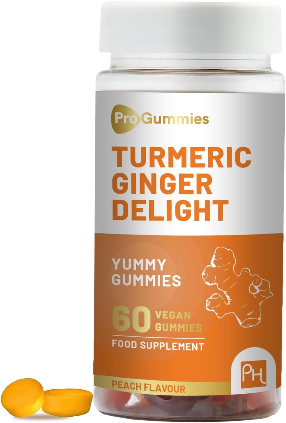 Turmeric and Ginger Gummies | 60 Vegan Pro Gummies | Natural Peach Flavour | Mouth-Watering Gummies for Overall Health and Well-Being by Prowise