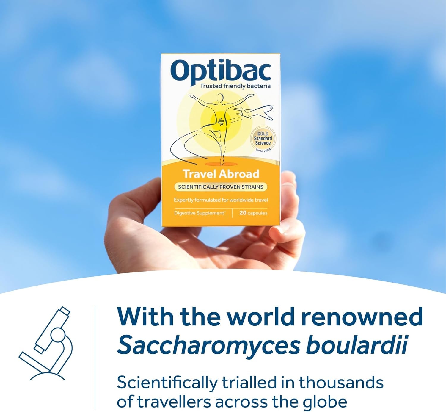 Optibac Probiotics Travel Abroad - Highly Researched Vegan Digestive Probiotic Supplement - Expertly Formulated for Travel & a Range of Climate Conditions - with Saccharomyces Boulardii - 20 Capsules